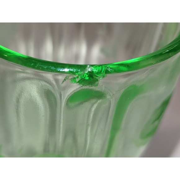 Vintage 7" Uranium Vaseline Glass Water Goblet Etched Flowers Pedestal Flaw - Picture 6 of 9